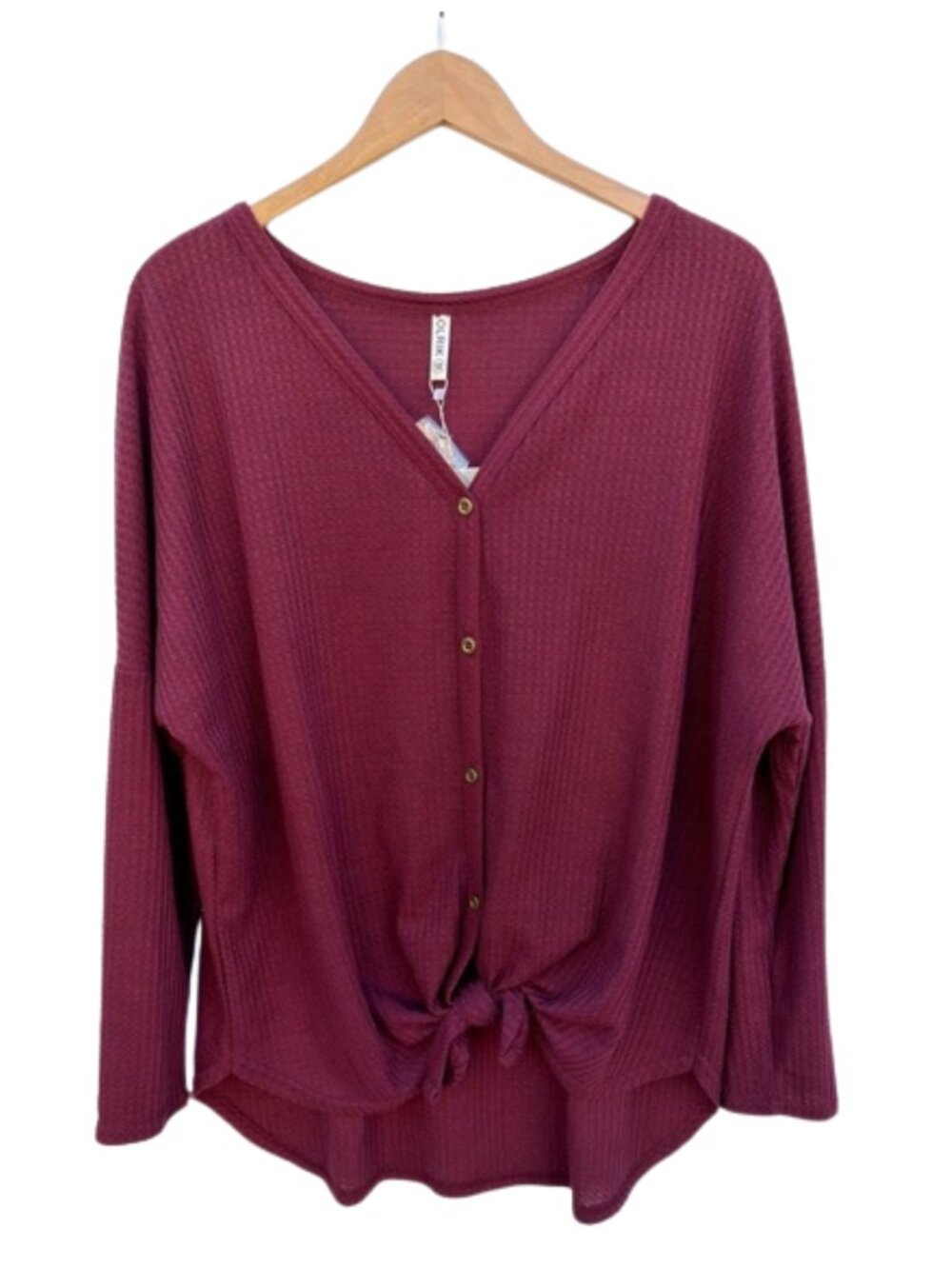Plus Size 1X Waffle Knit Tie Front Top V-Neck Button Up Cardigan Burgundy Olrik